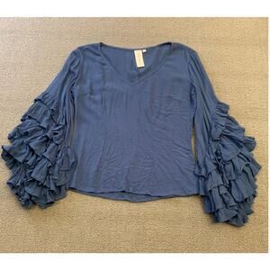 Guest Editor Women's XS  Blouse Top‎ Blue Tiered Frill Sleeve Rayon Crepe